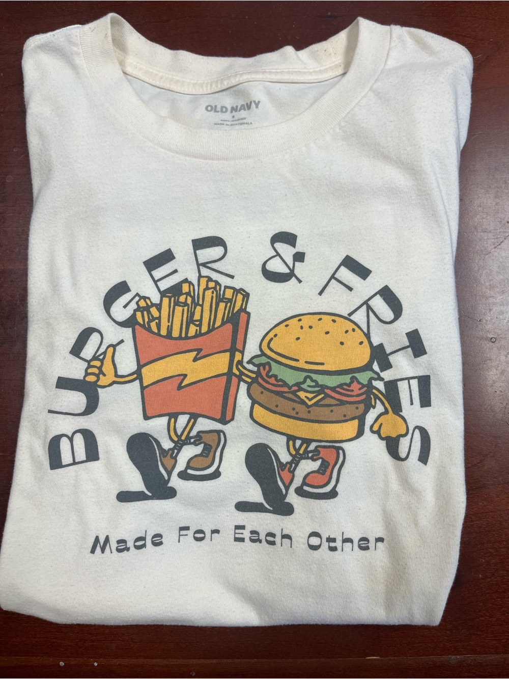 Old Navy Men’s Small Off White Graphic Tee with Burger & Fries Design